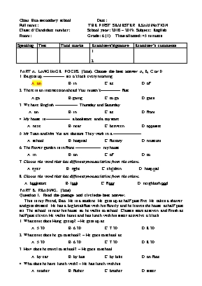 Bộ đề kiểm tra 1 tiết môn Tiếng Anh Lớp 6 - Năm học 2018-2019 - Trường THCS Châu Hoa